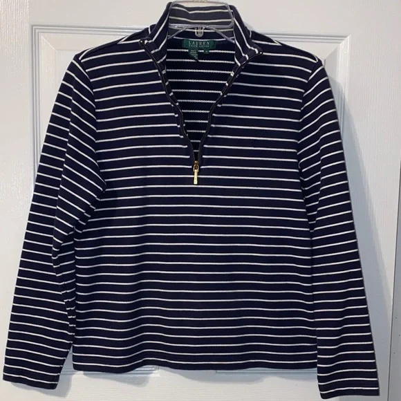 Lauren Ralph Lauren Striped Navy and White Quarter-Zip Sweater - Picture 1 of 8
